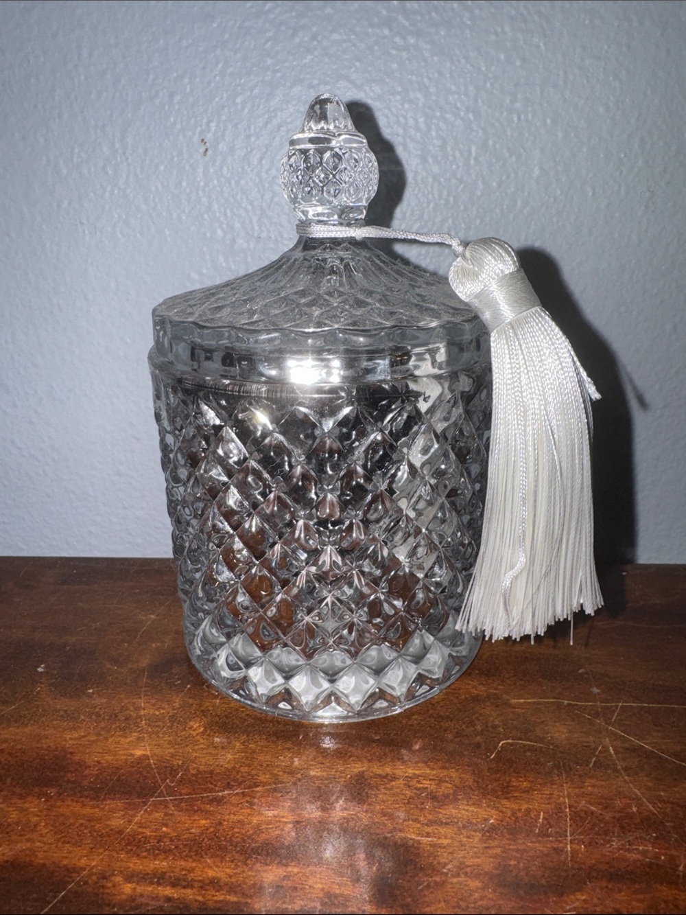 Roseberry Scented Candle in Clear Glass Diamond-Cut Jar with White Tassel